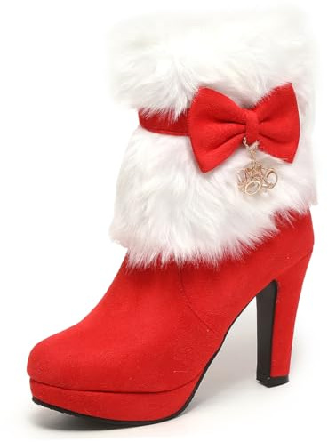 Makmeoyw Women's Fur Lined Christmas Ankle Boots Furry Platform Heels Female Winter Boots Side Zipper Rhinestone Booties Evening Party Red Warm Boots Size 9.5