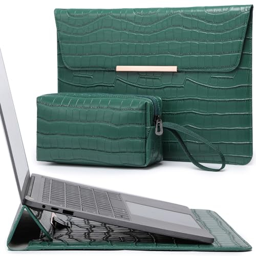HYZUO 13,3-14 Pouces Femmes Housse Ordinateur Portable avec Stand pour MacBook Pro 14 M4/M3/M2/M1 2025-2021, Air 13,3, 13,5-13,8 Surface Laptop, avec Pochette, Motif Crocodile Vert
