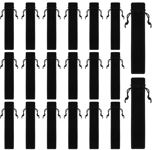 Bremorou 20 Stück Samt Federbeutel Schwarz - Kordelzug Federmäppchen Für Stifte, Bleistifte, Kugelschreiber - Verpackung Etui (1 Stift)