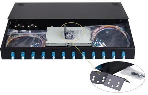 fyboptwu 1 caja de montaje en rack LC/UPC OS2 de 24 núcleos, se adapta a 19 | Kit de panel de rack LC/UPC con 12 acopladores dúplex y coletas. Bandejas de empalme incluidas. Se ajusta a 19 pulgadas