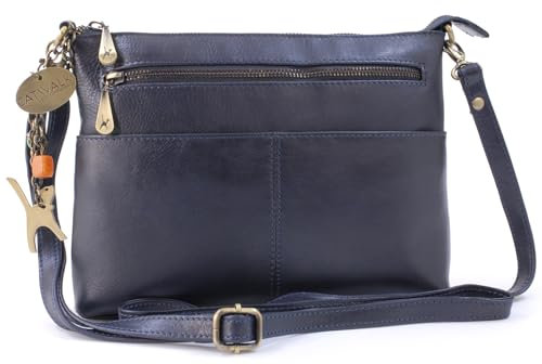 Catwalk Collection Handbags - Damen Leder Umhängetasche - Crossbody Bag/Handtasche Mittelgroß - Verstellbarer Abnehmbarer Gurt - JENNY - Blau