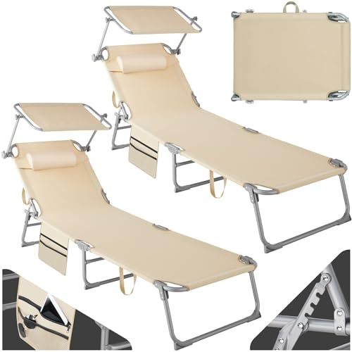 TecTake® Set de 2X Tumbonas Jardín Exterior, Tumbonas Plegables con Reposacabezas, Parasol y Bolsillo Lateral, Tumbonas Playa Reclinables 4 Posiciones, Tumbona Piscina Resistente a Intemperie - Beige