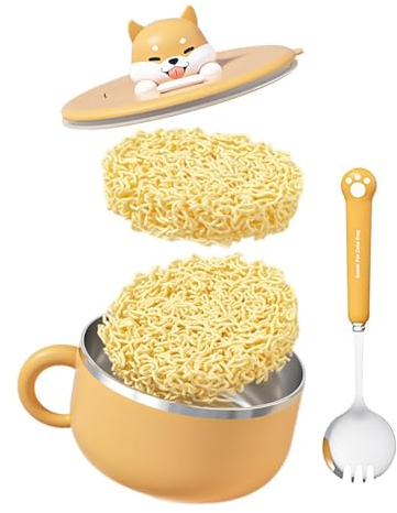 Instant Noodle Cup - Ramen Bowl Set, 1200ml Stainless Heat Resistant Steel | Kitchen Suplies Cute Instant Ramen Noodle Bowl with Dog Lid, Rustic Clay Ramen Cooking Pot for Traditional Tasting Eating