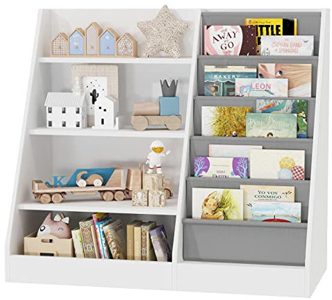 Kids Bookshelf Children Bookcase with Five Layer Sling Baby Wooden Storage Book Rack, Book and Toy Organizer Cabinet for Nursery, Toddler Room, Playroom, Bedroom, Living Room, Classroom (White)