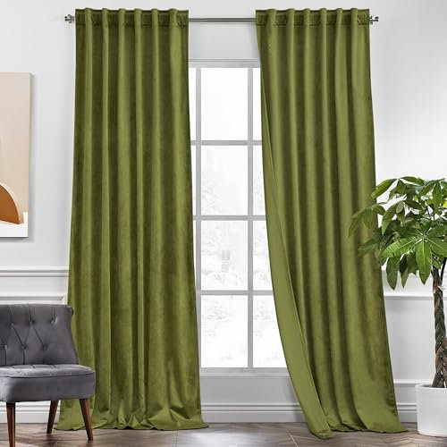 KGORGE Olive Green Velvet Curtains 90 inches 2 Panels, Velvet Blackout Curtains for Bedroom Living Room, Soft Darkening Thermal Insulating Window Drapes, Back Tab Rod Pocket, W 52 x L 90