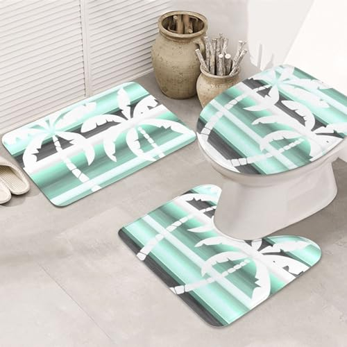 rutschfeste 3 Badteppich Set Pastell Mint Grün Grau Aquarell Streifen Badematte Und Wc-Vorleger-Set Dekorative Waschbar Teppich, Für Wohnzimmer, Dusche