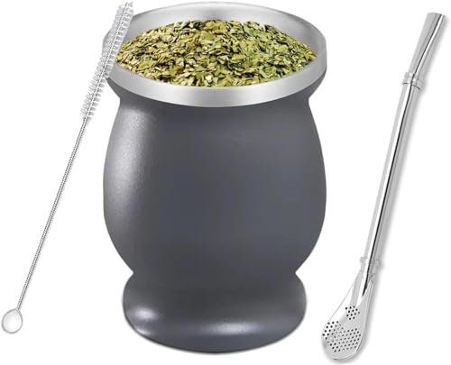 STOUCLA Juego de vasos de té mate, con pajita y un cepillo de limpieza, para té mate, color gris