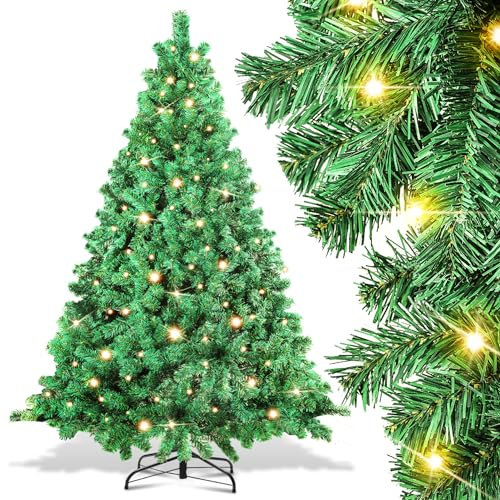 Randaco Árbol de Navidad Artificial con iluminación, 180 cm, 860 Puntas con despliegue automático, de PVC, 250 ledes, luz Blanca cálida, Incluye Soporte de Metal, difícilmente inflamable