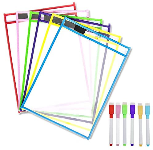 Kopinma Reusable Dry Erase Pockets A4, Dry Erase File Paper Holders with 6 Erase Pens, Transparent Write and Wipe Drawing Board Dry Brush Bag, Classroom Essentials for Teachers Kids(6Pcs)