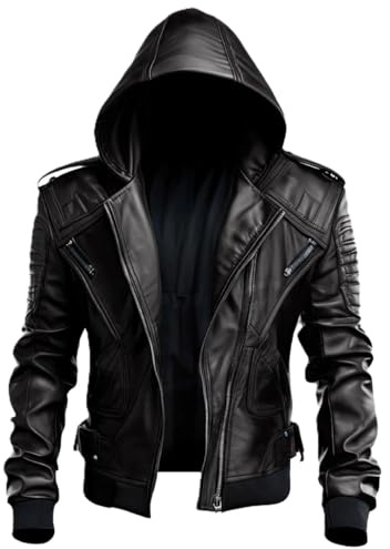 MERCH ATTIRE Herren-Lederjacke, schwarz, echtes Schaffell, Biker-Kapuze, Motorrad