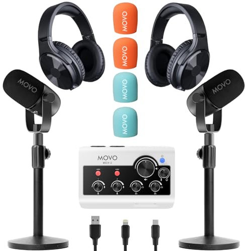 Movo Portable Podcast Equipment Bundle for iPhone/Android Phones- Podcast Kit with Audio Interface, 2 CastMic Dynamic Mics, 2 Table Stands - For Smartphones, Computers, PC, Mac - Lightning, USB, USB-C
