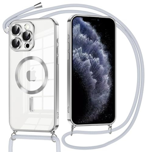 Oelrstfe Funda Magnética para iPhone 11 Pro MAX con Cuerda, Compatible con MagSafe, Transparente Carcasa con Correa Collar Colgante Suave TPU Silicona Case Cordón Cover Cámara Anti-Choque, Plateado
