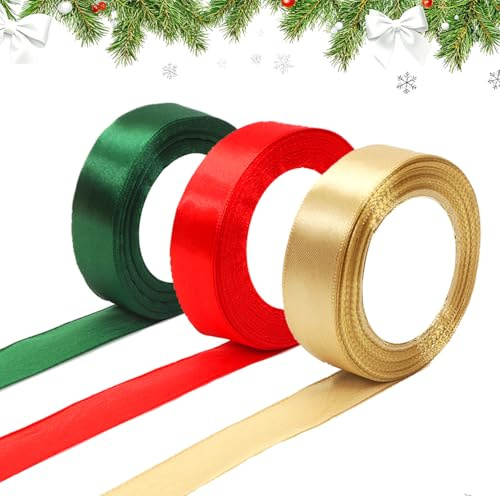 Geschenkband Weihnachten, Schleifenband 25mm x 66M, Satinband Rot Dunkelgrün Gold, Geschenke Verpacken Zubehör für Weihnachten Geschenk Hochzeit Geburtstag Party