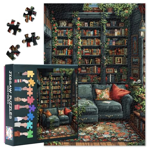 Jigsaw Puzzles for Adults 1000 Pieces - Vintage Library with Bookshelves, Plants & Cozy Fireplace, Premium Quality Adult Puzzles, Completed Size 27.5x19.7 in