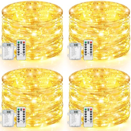 4-Pack Fairy Lights Battery Operated, 10M 100LED Twinkle Light 8 Modes with Remote Timer Control Copper Wire String Lights Dimmable Waterproof Indoor for Bedroom DIY Party Christmas Decor, Warm White