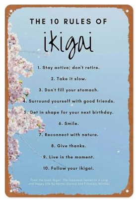 Ikigai – 10 Regeln für ein langes und glückliches Leben – Japanisches Konzept, Motivationsposter, Wandskulpturen, Schild, Zuhause, Vintage-Kunstdekor, Gemälde, Metallblechschild, 30,5 x 20,3 cm