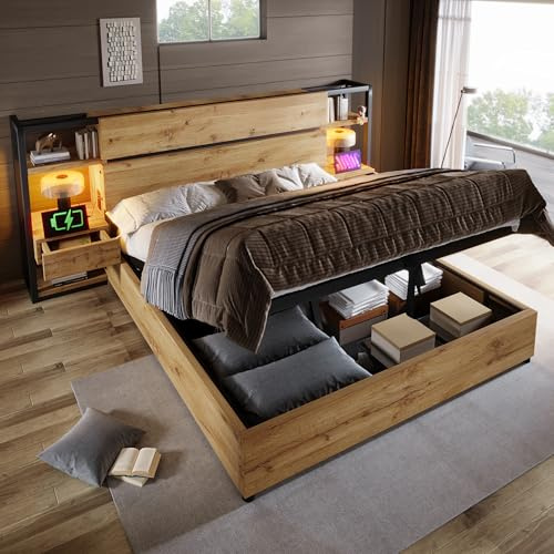 ZIDEY Holzbett 180x200 mit Schubladen und USB, Hydraulisches Doppelbett mit Lattenrost und Stauraum unter dem Bett, Bettrahmen Stauraumbett Bettgestell, Eichenfarbe, Ohne Matratze