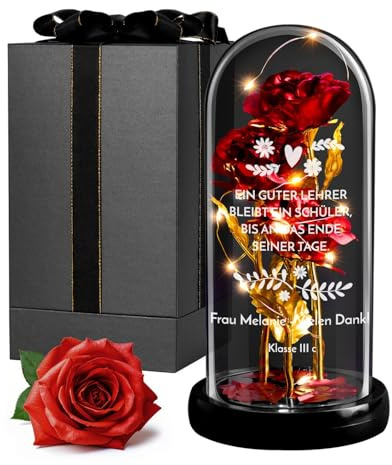 Maverton rote ewige Rose mit LED-Beleuchtung im Glas mit Gravur | Infinity Rose mit Gravur personalisiert, Geschenke für Frauen zum Valentinstag zu Weihnachten, Geburtstagsgeschenk für Frauen