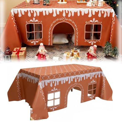 WPDUIODF Gingerbread Playhouse Tablecloth, Playhouse With Windows, Holiday Painting Table Cover,Rectangle Table Cover For Party Dining Room Kitchen Decor(91 Inch x 118 Inch)
