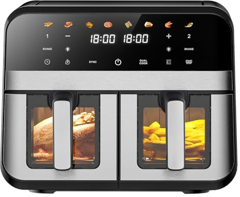 PRIJESSE Heißluftfritteuse mit Sichtfenster | 9 Liter | Heissluftfritteuse mit 2 Körben | 8-in-1 Digitale Airfryer | Smart Fritteuse | Ohne Öl | mit Touchscreen | Spülmaschinenfest | 1800W
