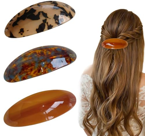 HUZNA 3 Stück Ovale Haarspangen aus Acetat,Französischer Modischer Oval-Haarspangen,Große Französische Schildpatt-Haarspangen,8,8 × 3,5 cm Vintage-Haarspange, für Frauen Mädchen mit dickem Haar