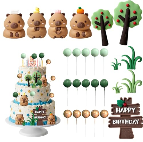 26Pcs Capybara Cake Topper, Jungle-Themed Birthday Cake Decorations Set with Trees, Grass and Colourful Balls