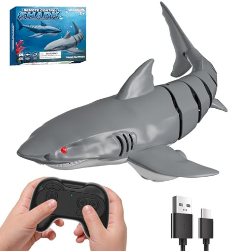 snookids Fjärrstyrd hajleksak 2,4 GHz RC båt | Simulering haj, USB uppladdningsbar, pool vattenleksak med ljus, automatisk på, gåva för pojkar flickor 3+ år