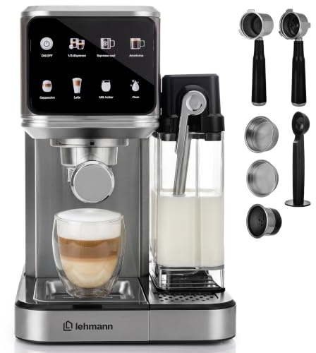 LEHMANN Siebträgermaschine 20 Bar, 7-in-1 Espressomaschine mit Milchtank | Edelstahl, Selbstreinigungsfunktion, Automatikprogramme für Espresso, Cappuccino und Latte, 1 L Milchtank & 1,2 L Wassertank