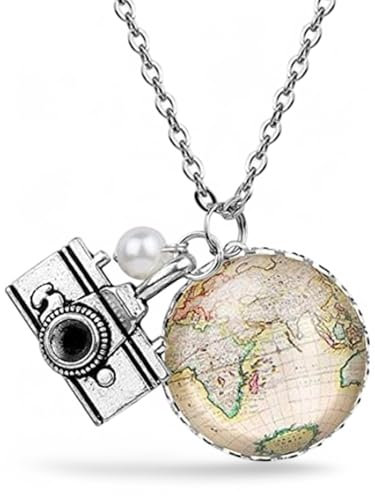 MadamLili - Kette Globus Vintage Stil Weltkarte - Wanderer Globetrotter Fernweh Reiselust Silber Halskette 70cm - Exklusive Schmuckbox
