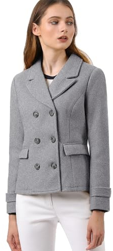 Allegra K Women's Elegant Coats Notched Lapel Double Breasted Short Pea Coat Grey S