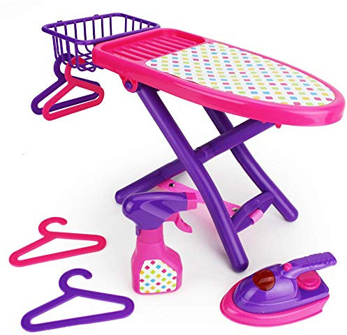 Boley - Juego de lavandería de 8 piezas, rosa y morado, juego de tabla de planchar con luces y sonidos realistas, hierro, botella de spray de trabajo, perchas y cesta de almacenamiento