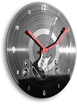 Kreative Feder Rock Guitar Gitarre Schallplatten-Uhr Retro Vinyl Designer Funk Wanduhr leise Funkuhr ohne Ticken 30cm (Rock Guitar, leises Funkuhrwerk)