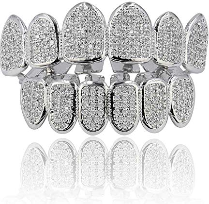 Moca Schmuck Hip Hop Unisex 18 Karat Vergoldet Iced Out CZ Simulierter Diamant Oben Unten Vampir Zähne Grill Set für Männer Frauen (silver)