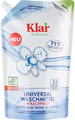 Klar eco Sensitive Universalwaschmittel Waschnuss Nachfüllbeutel 6x1,5l, ohne Duft, 33 Waschladungen, für Allergiker, vegan