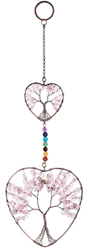Nupuyai Herzform Lebensbaum Kristall Hänger Deko, Rosenquarz Stein Herz Traumfänger Fensterdeko Wandbehang Ornament für Wohnzimmer, Balkon, Garten, Auto
