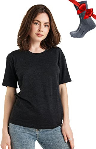Merino.tech 100% Merino T Shirt Damen - Merinowolle Sport Wandern Thermoshirt Damen + Wandersocken (Small, Heathered Black Crewneck)