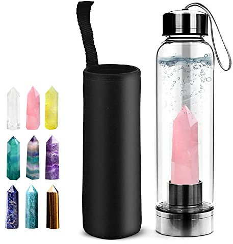 HINATAA Kristall Wasserflasche, Abnehmbare Heilende Natürliche Quarz Wasserflasche 550ml (Rosa)