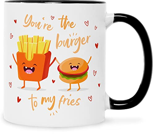 Bedruckte Tasse mit Spruch - Burger to my fries - Lustige Geschenke - Witzige Geschenk für Freunde Geburtstag Valentinstag Weihnachten - für Männer & Frauen - für Sie & Ihn Farbe Schwarz & Weiß