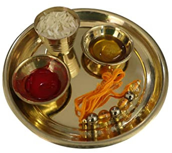 SANGAM Puja-Teller-Set aus Messing, dekorativer Thali Feng Shui indischer Aarti-Teller, Hindu-Hochzeit, Heimdekoration, Mandir, Festival-Dekoration, Rakhi, religiöse Diwali-Geschenke für Sie