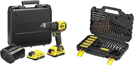 STANLEY FATMAX SFMCD710D2K-QW - Taladro atornillador V20, 18V Motor Brushless, con 2 baterías 2Ah, cargador y maletín + STA88548-XJ - Juego de 100 brocas y puntas para atornillar Stanley