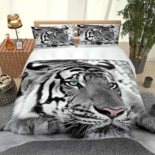 GIMFRY Bettbezug 135X200 Mikrofaser Mit Reißverschluss Und 2 Kissenbezüge 3 Teilig 3D Schwarz-Weiß-Tiger Druck Muster Biber Bettwäsche Kinder Superweiches Bettbezüge