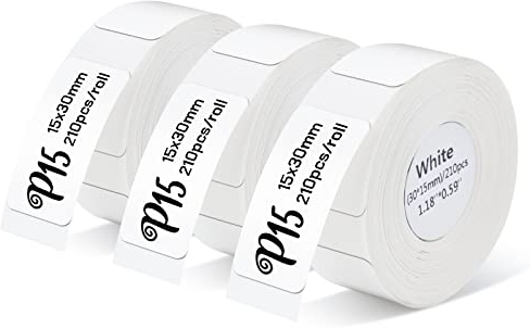 Pristar P15 étiquettes, 3 rouleaux 15mm*30mm ruban d'étiquettes thermiques autocollantes, compatible avec l'imprimante d'étiquettes P15, blanc, 210 étiquettes/rouleau