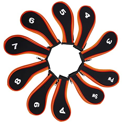 chiwanji 10Pcs Golf Iron Headcover, Golf Club Head Cover, Protective Sticky Wedges Waterproof Putter Sleeve for Training Equipment Outdoor Sports, Orange and Black
