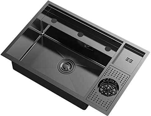 Fregaderos de cocina ocultos fregadero individual hecho a mano con lavadora de tazas, fregadero individual grande negro con barra de isla (color: negro, tamaño: 68 x 48 x 23 cm)