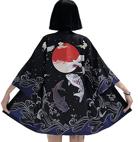Kimono giapponese da donna, cardigan Yukata Outwear top vintage stile giapponese, Pesce nero-b163, taglia unica