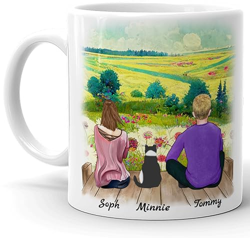 4GIFTSAKE Customised Cute Coffee Mug with Girl, Boy and Cat Print 11oz - Microwave & Dishwasher Safe - Ceramic Cup with Easy Grip Handle - Best Pet Friends Cat Lover Personlised Gifts