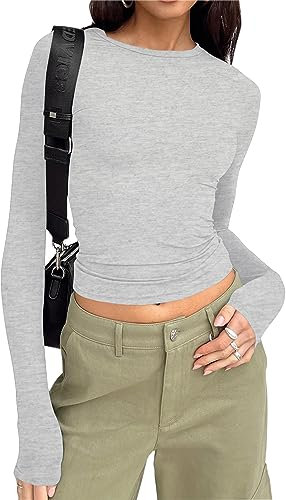Cioatin Damen Langarm Rundhals Crop Top Tee Shirt Basic Solid Y2K Tight Slim Fit Cropped Shirt Workout Yoga, Hellgrau, Klein
