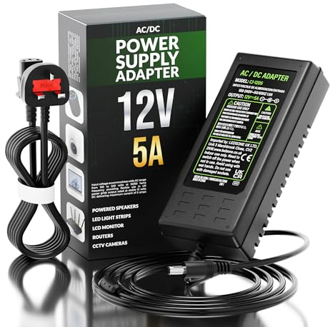 12V 5A 60W Power Supply Adapter, AC 100-240V to DC 12V Power Wall Adapter | 60W 3-Pin UK Plug for LED Light Strip/Monitors/TV/CCTV/Amplifier/Cameras, 5.5 x 2.5mm & 5.5 x 2.1mm DC Jack