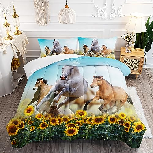 AILONEN Bettwäsche-Set mit Pferdemotiv, Queen-Size-Größe, 3D-Galoppier-Steppdecke mit Sonnenblumen- und Bauernhoftier-Druck, Bettwäsche-Set (1 Steppdecke, 2 Kissenbezüge)