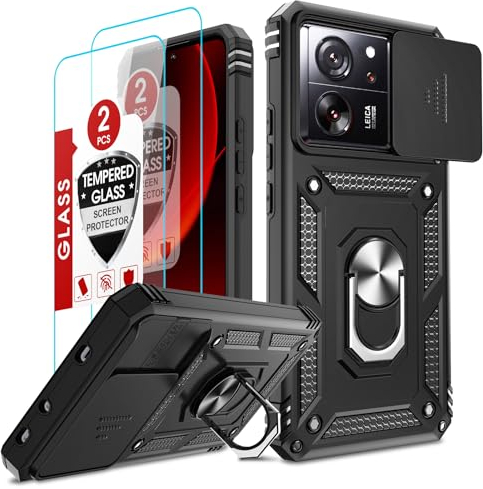 LeYi Hülle für Xiaomi 13T Pro/13T Kameraschieber Schutzhülle & 2*Schutzglas Folie, Ringhalter Ständer Case Kamera Klappe Cover Militärische Rüstung Kantenschutz Handyhülle Handy Hüllen Schwarz